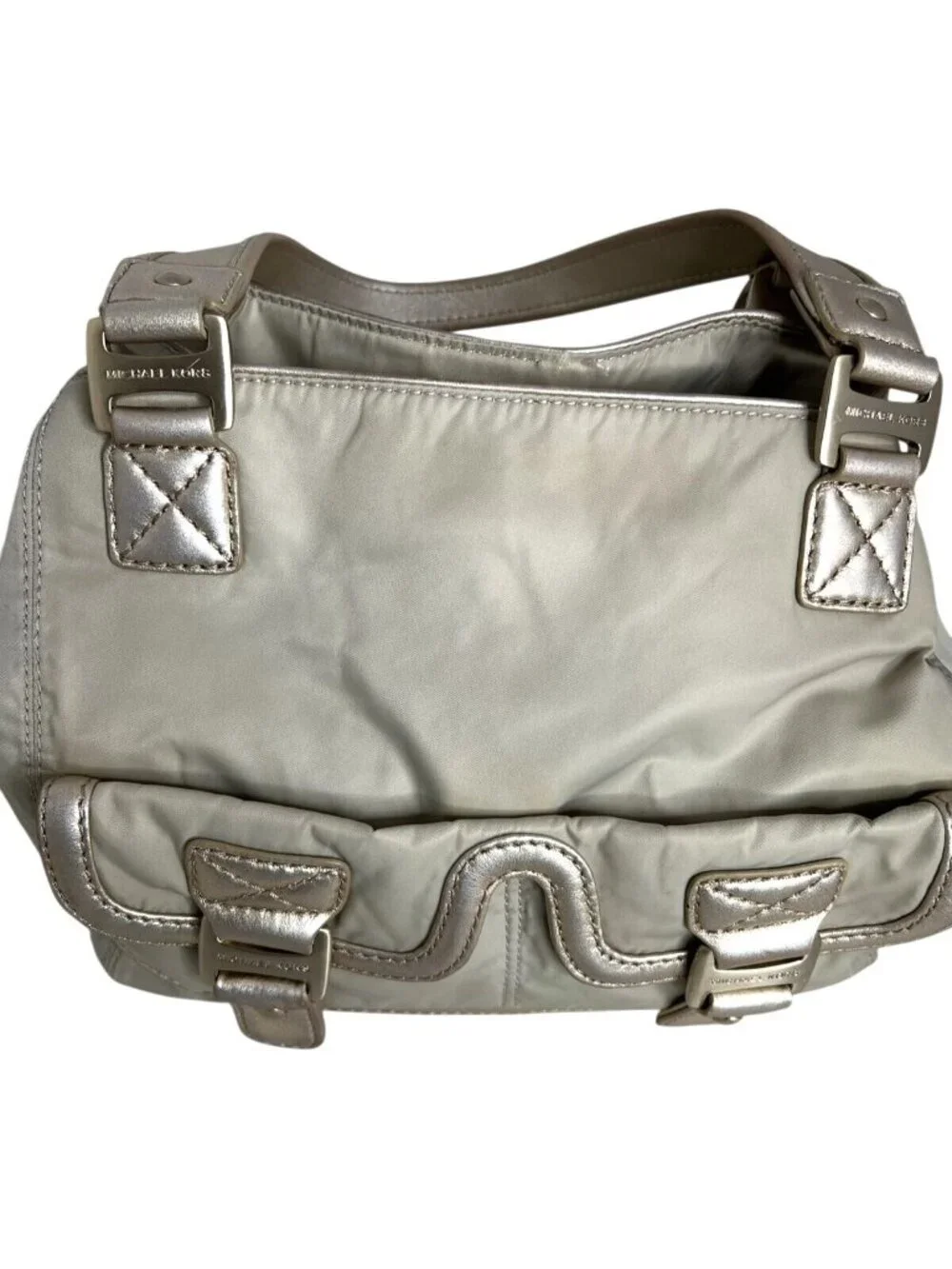 Michael Kors Metallic Beige/Silver Nylon Shoulder Bag With Buckle Detail